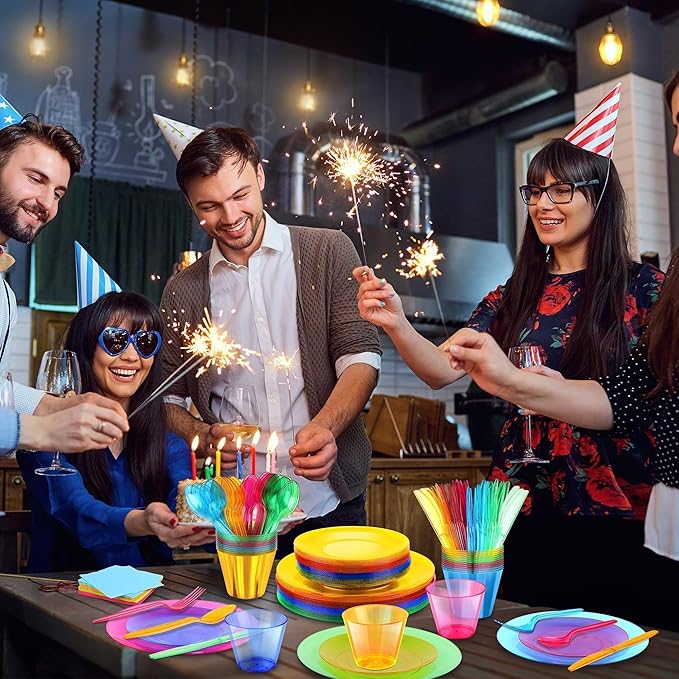 168 PCS Neon Party Supplies Serves 24 Including 7.5 & 10.25 In Disposable Plastic Neon Plates 9 Oz Cups Cutlery Napkins Tableware Set Dessert Cake Plates for Blacklight Party Birthday