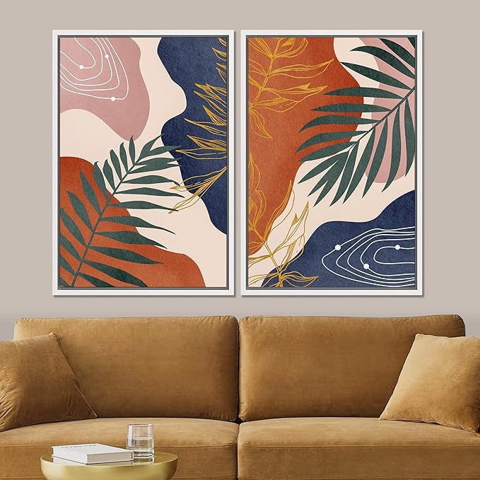 SIGNFORD Framed Canvas Print Wall Art Set Retro Mid-Century Geometric Forest Plants Abstract Shapes Illustrations Modern Art Decorative Bohemian for Living Room, Bedroom, Office - 16"x24"x2 White