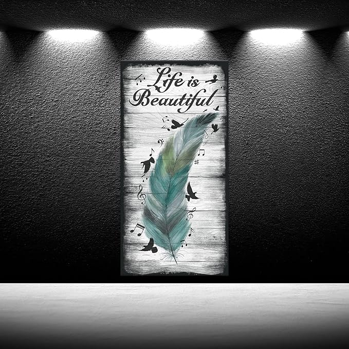 iKNOW FOTO Rustic Canvas Wall Art Decor Abstract Feather and Flying Birds with Inspirational Quote Life is Beautiful Picture Giclee Prints for Modern Living Room Bedroom Decoration 20x40