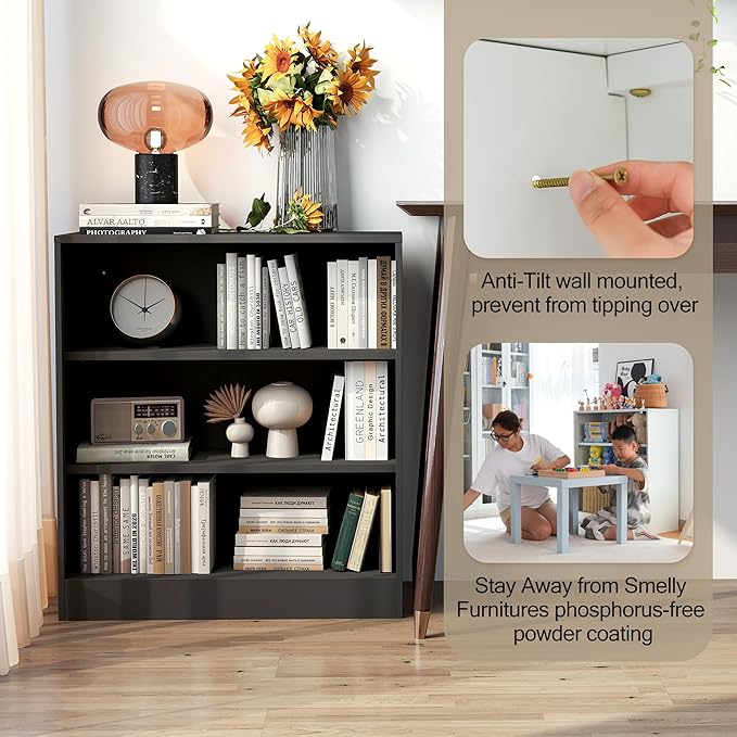 Metal Bookcase with Back Panel, 3 Tier Open Shelf Bookcase with Adjustable Shelves, 31.5 Wide Storage Cabinet Sturdy Steel Cube Shelf Organizer, Free Standing Display Unit