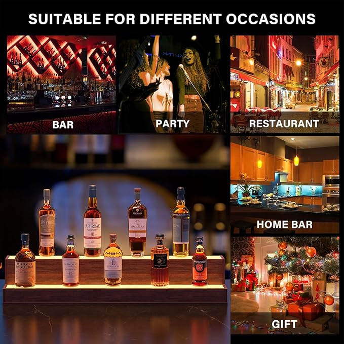 LED 38 Inch Bar Display Shelf, DIY Illuminated Bottle Shelf with App & Remote Control, 2 Step Freestanding Holding Bottles for Home Bar, Party, Walnut