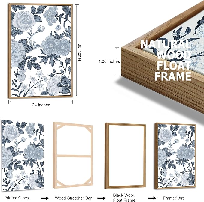 Large Framed Canvas Wall Art - Natural Float Framed Rustic Grey White Flowers Pictures Decor Gray Blue Leaves Artwork Prints for Bedroom Living Room Kitchen Home Office Decoration 72" X 36" Set of 3