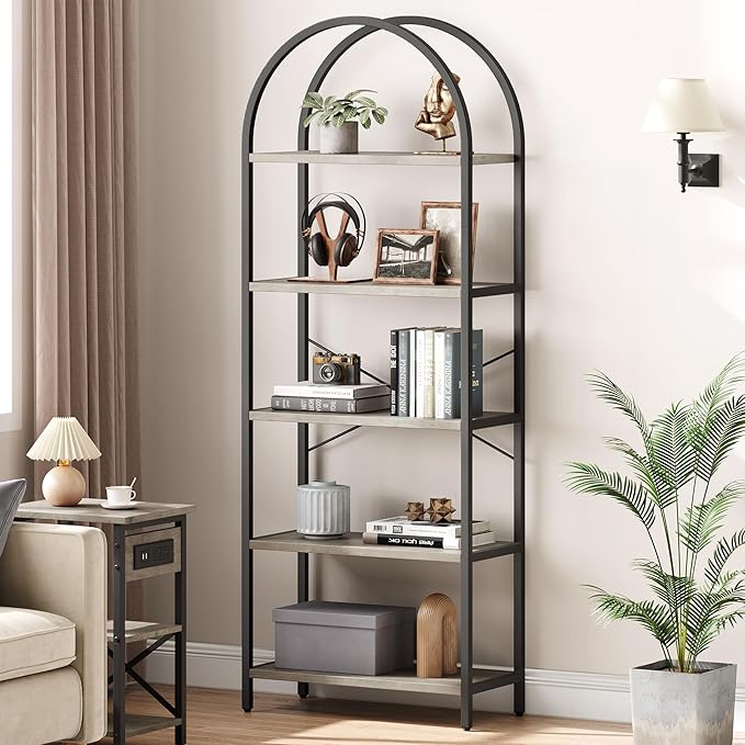 IDEALHOUSE Bookshelf 5 Tier Bookcase Arched Display Racks Tall Standing Bookshelves Metal Frame Farmhouse Storage Rack Shelf Grey Book Shelf for Bedroom, Living Room, Home Office