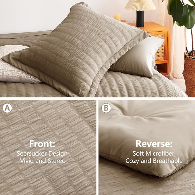 CozyLux Full Size Comforter Sets with Sheets Seersucker 7 Pieces Taupe Bed in a Bag Textured Luxury Soft Bedding Set with Down Alternative Comforter, Sheets, Pillowcases & Shams for All Seasons