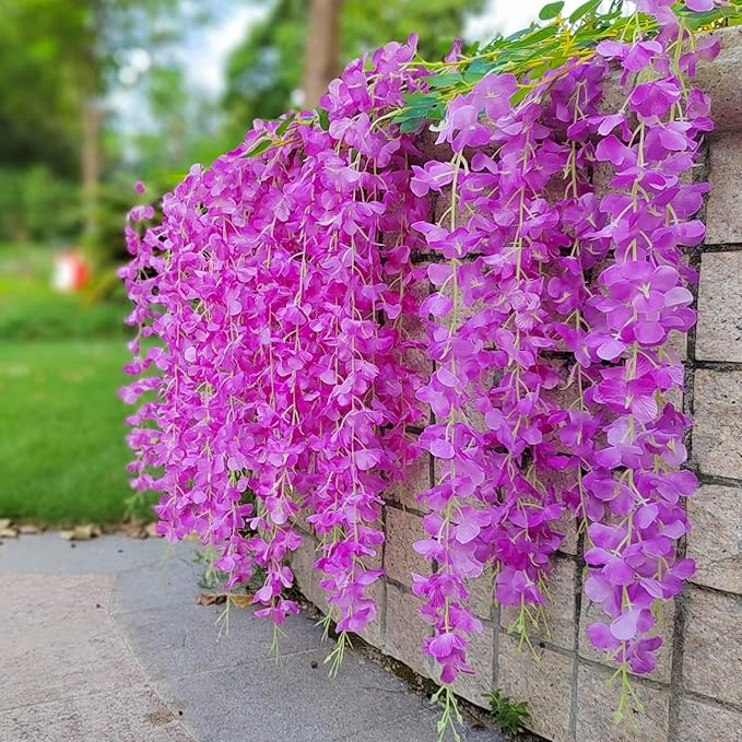 24 Pack Artificial Fake Wisteria Vine Ratta (3.75 Feet) Hanging Garland Silk Flowers String Home Party Wedding Decor(Purple)