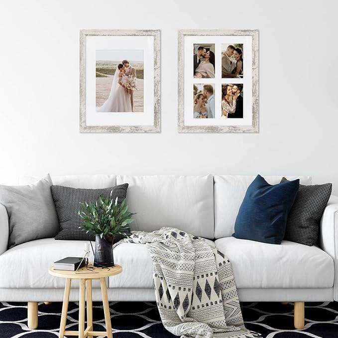 11x14 Picture Frame Set of 2, Made of Glass and Distressed White Wooden Frame, Display 8x10 Pictures with Mat or 11 x 14 Posters without Mat for Wall Mounting, Gallery Photo Frames