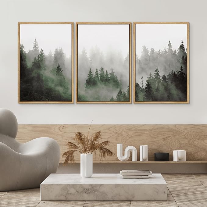 SIGNWIN Framed Canvas Print Wall Art Woodland Nursery Decor Set Fog & Mist Over Green Pine Tree Forest Nature Wilderness Modern Art Chic Landscape for Living Room, Bedroom, Office - 16"x24"x3 Natural
