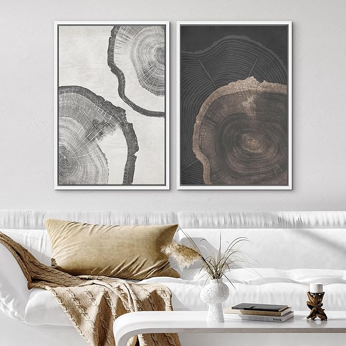 SIGNWIN Framed Canvas Print Wall Art Wood Tree Rings Abstract Illustrations Minimalist Modern Wall Art Neutral Boho Decor for Living Room, Bedroom, Office - 16"x24"x2 White