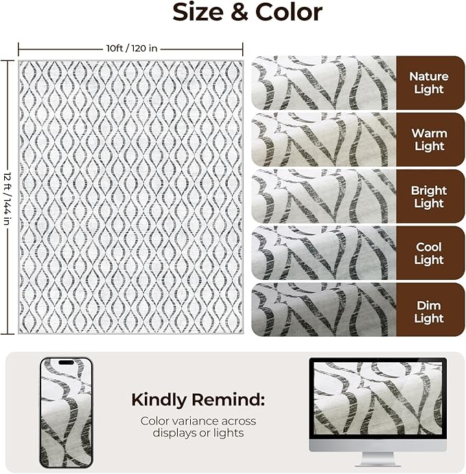 WITSHOCK 10x12 Area Rugs for Bedroom: Washable Non-Slip Soft Geometric Boho Low Pile Large Thin Indoor Rug for Living Room Dining Room, Carpet for Nursery Playroom Decor, Kid & Pet Friendly, Grey