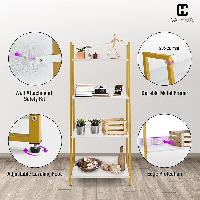 CAPHAUS 4 Tier Ladder Bookshelf, 24 Inch Width Free Standing Shelf, Bookcase Shelf Storage Rack Organizer, Industrial Book Shelves for Home Office, Living Room, Kitchen, White Shelves & Gold Frame