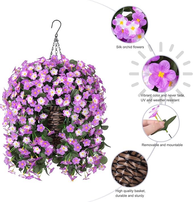 Artificial Faux Fall Hanging Flowers Plants Baskets for Outdoor Outside, Fake Silk Light Fuchsia and Fuchsia Orchid Trailing Vines in Planter Realistic UV Resistant for Balcony Porch Decor