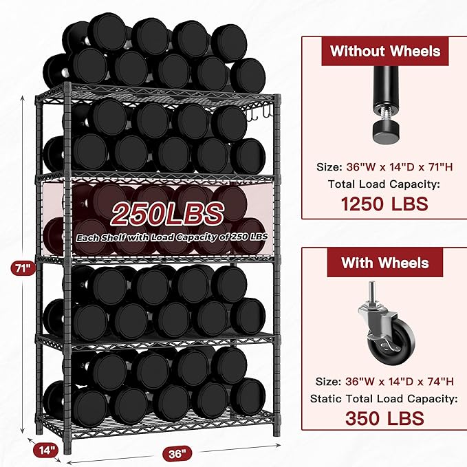 PrimeZone 4 Pack 5 Tier Wire Shelving Rack Storage Shelves with Wheels,Adjustable Rolling Heavy Duty Metal Shelving Unit,Utility Shelf for Kitchen Garage Closet Pantry 36" W x 14" D x 74" H