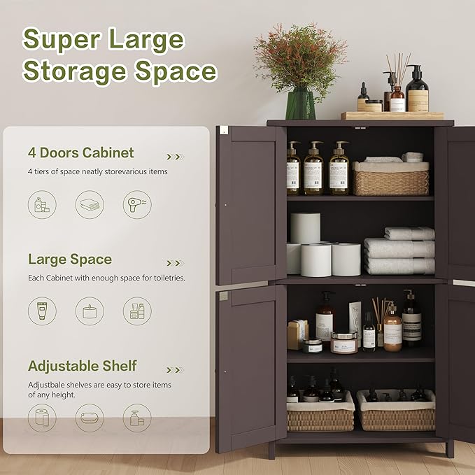 Nuturelly Bathroom Floor Storage Cabinet, Freestanding Pantry Cabinets with 4 Doors & 3 Adjustable Heights, Bathroom Organizers and Storage with Waterproof Board & Metal Handles for Kitchen, Brown