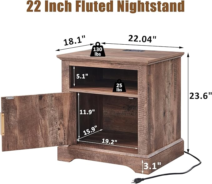 Fluted Nightstand with Charging Station, 22" Large Modern Side Table, Wood End Table w/Open Shelf & Spacious Tabletop, Bedside Table with Storage Space for Bedroom, Living Room (Light Brown)