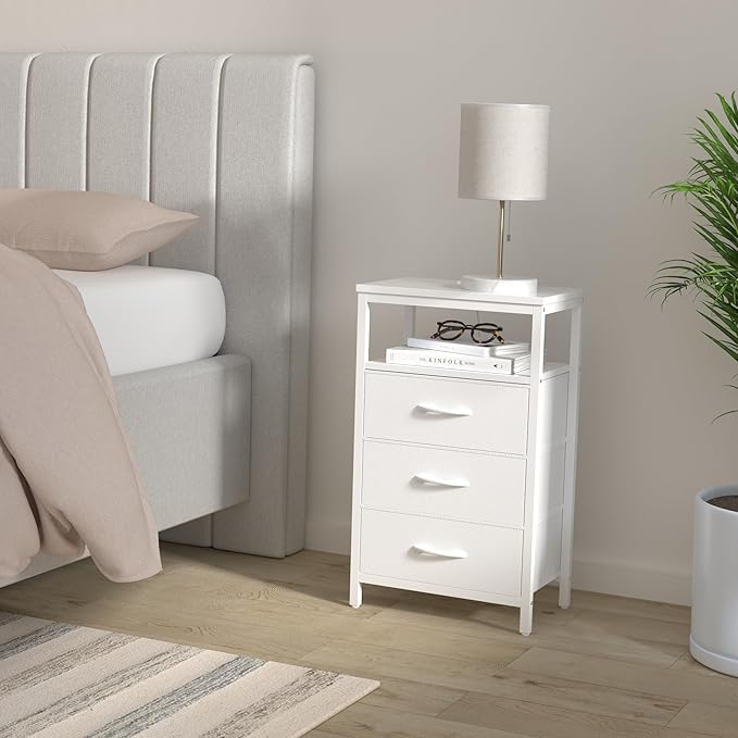 Huuger Nightstand with Charging Station, 27.6 Inch Side Table with Drawers, PU Leather Finish, End Table Bedside Table with USB Ports and Outlets, Night Stand for Bedroom, White