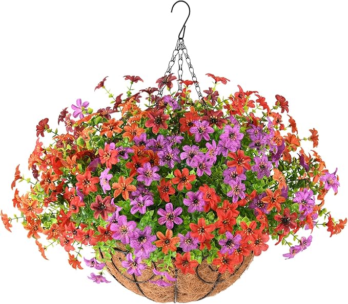 INQCMY Artificial Hanging Flowers Basket for Outdoors - Faux Daisy Silk Flower Realistic, Colorful Fake Plastic Plants UV Resistant Summer Decor for Garden Front Porch Patio Balcony Yard