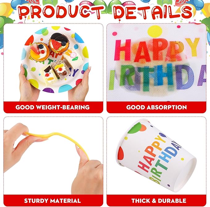 400 Pieces Happy Birthday Party Decorations Including Disposable Paper Plates Cups Napkins Tableware Sets Serves 50 for Birthday Party Supplies