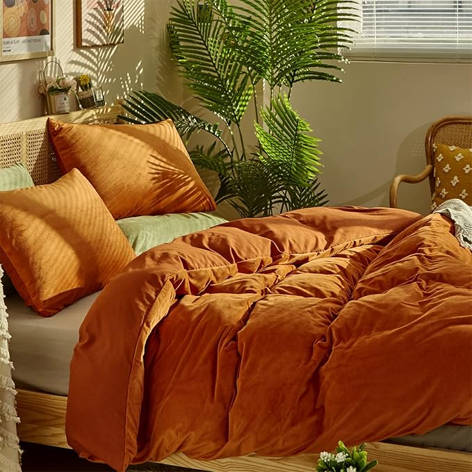 Pureant Burnt Orange Fluffy Comforter Set California King Rust Velvet Bedding Comforter Sets Cal King for Women Girls Solid Terracotta Flannel Blankets Plain Rust Caramel Comforter Reddish Brown Bed