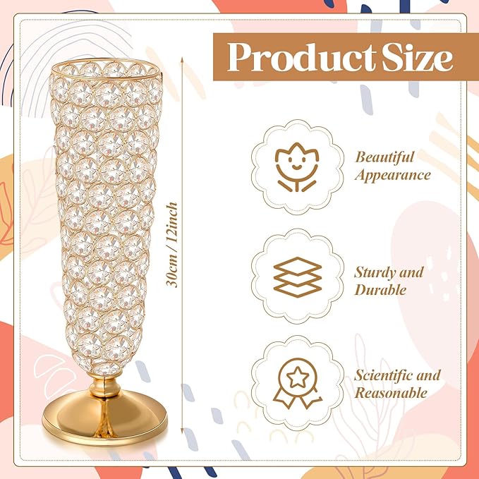 Rtteri 4 Pcs 12 Inch Tall Crystal Vase for Centerpieces Wedding Metal Crystal Trumpet Flower Vase Stand for Table Floor Wedding Party Favor Banquet Celebration, Classic Elegance(Gold)