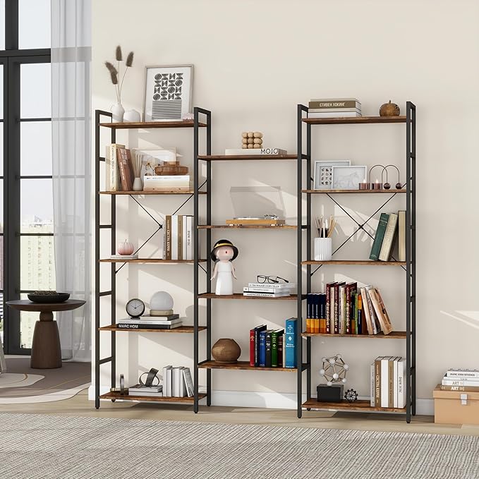 Panana Triple 4/5/6 Tier Bookshelf, Industrial Bookcase with 11/14/17 Open Display Shelves Wide Book Shelf Book Case with Metal Frame for Living Room Home Office (Brown, 5 Tier)