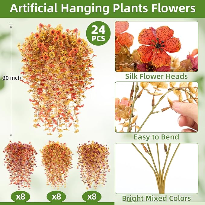 Hoteam 24 Pack Artificial Fall Hanging Flowers Plants for Outdoors Autumn 30 Inch UV Resistant Fake Plastic Faux Plants Bulk for Planter Porch Patio Yard Garden Wedding Wall Indoor