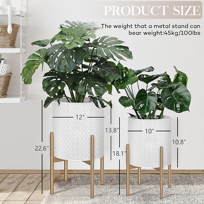 Oakrain Mid Century Planters for Indoor Plants, Set of 2, Modern Decorative Metal Planters for Living Room, Office, Garden or Balcony, White Planters with Stands, 10 inch & 12 inch