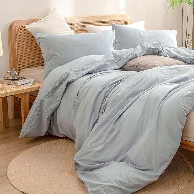 BESTOUCH Duvet Cover Set 100% Washed Cotton Linen Feel Super Soft Comfortable Chic Lightweight 3 PCs Home Bedding Set Solid Cornflower Blue Super King Plus
