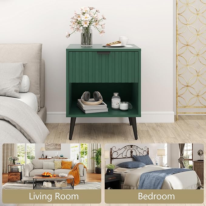 Fluted Nightstand, Natural Wood Nightstand with Drawer and Open Storage, Mid Century Fluted Side Table Modern Bedside Stand with Wood Veneer for Bedroom, Office, Green