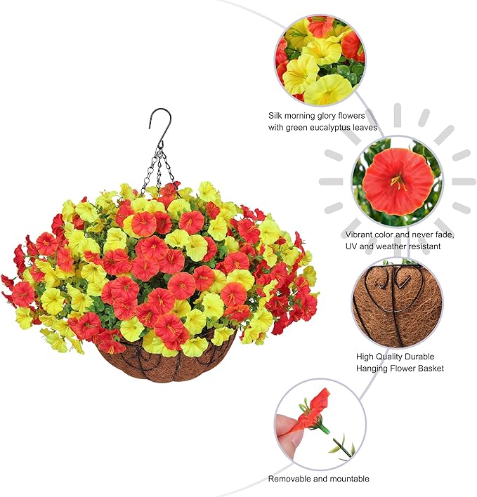 Artificial Fake Hanging Flowers with Basket for Fall Decoration, 12 Bundles Faux Silk Morning Glory Plants for Outdoor Planters, Realistic UV Resistant Artificial Flowers for Outside Porch Garden