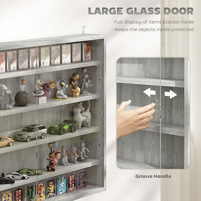 HOMCOM 5-Tier Display Cabinet, Glass Door Cabinet with Adjustable Shelves, Wall-Mounted Display Case for Playroom, Bedroom, Gray