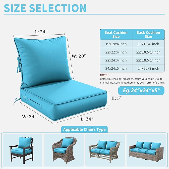 Premium Outdoor Seat Cushion Chair Cushions for Patio Furniture 24 L X 24 W X 5 H Waterproof & Fade Resistant Deep Seat and Backrest Cushion Set with Removable Covers for Chair, Sofa