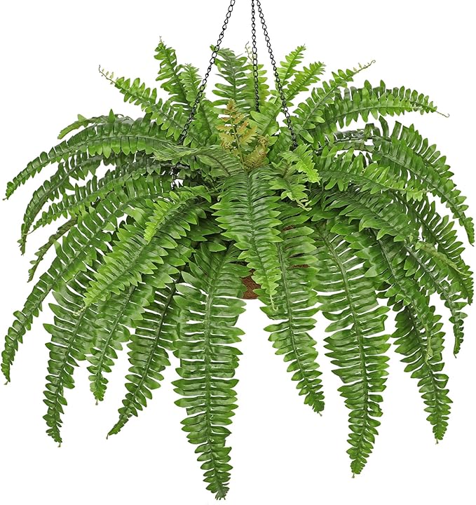 Fake Hanging Plants Large Boston Fern Artificial Plants Outdoor Realistic Fake Ferns with Palm Basket Silk Plants Ferns Hanging Plant Artificial Decor for Home Front Porch Window Garden - Green