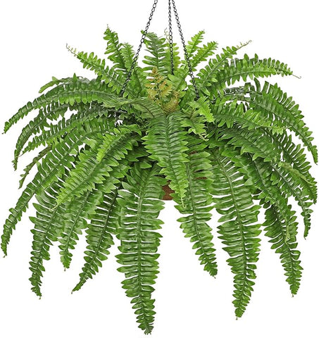 Fake Hanging Plants Large Boston Fern Artificial Plants Outdoor Realistic Fake Ferns with Palm Basket Silk Plants Ferns Hanging Plant Artificial Decor for Home Front Porch Window Garden - Green