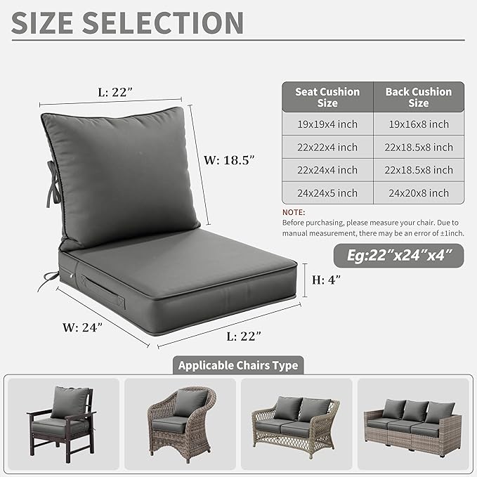 Premium Outdoor Seat Cushion Chair Cushions for Patio Furniture 22 L X 24 W X 4 H Waterproof & Fade Resistant Deep Seat and Backrest Cushion Set with Removable Covers for Chair, Sofa