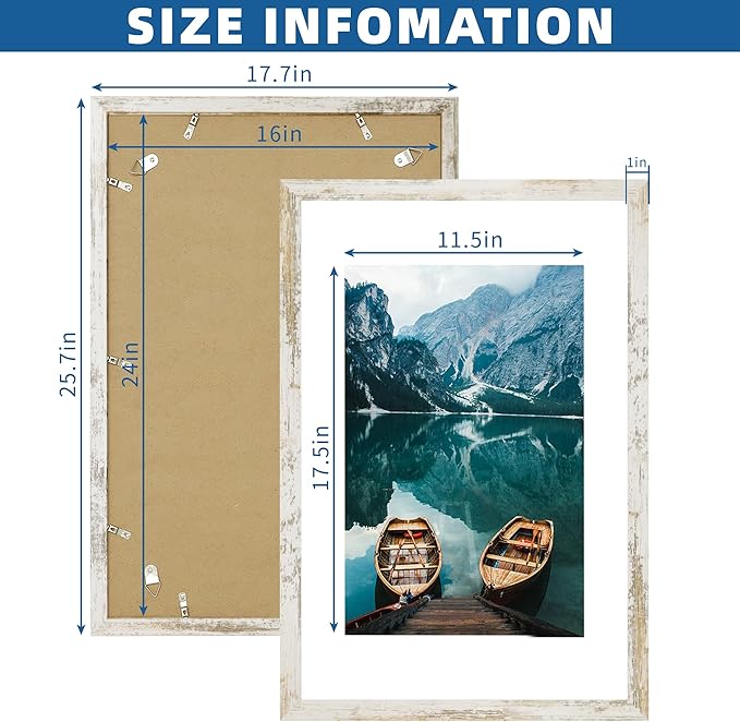 16x24 Frame Set of 2, Distressed White Wood Style - Display 16 x 24 Picture without Mat or 12x18 Picture with Mat, Wall Mounting Horizontal and Vertical