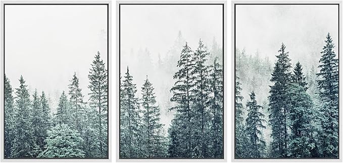 SIGNWIN Framed Canvas Print Wall Art Woodland Nursery Decor Set Film Grain Misty Mountain Pine Trees Nature Wilderness Modern Art Chic Landscape for Living Room, Bedroom, Office - 16"x24"x3 White
