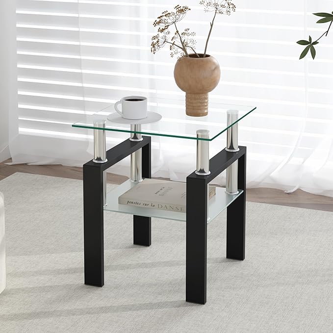 IANIYA Modern Glass End Table, 2-Tier Side Table with Tempered Glass Top & Metal Legs, Night Stand Corner Table for Living Room, Bedroom