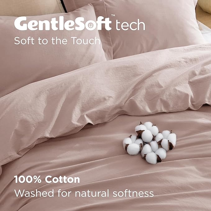 Bedsure 100% Washed Cotton Duvet Cover King Size - Petal Pink Minimalist Cotton Duvet Cover Linen Like for All Seasons - GentleSoft™ Plain Simple Bedding, 3 Pieces (Petal Pink, King, 104"x90")