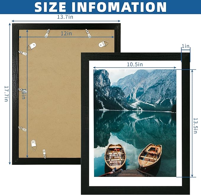 12x16 Picture Frame Set of 2, Rustic Black Wood Style - Display 12 x 16 Poster without Mat or 11x14 Picture with Mat, Wall Mounting Horizontal and Vertical