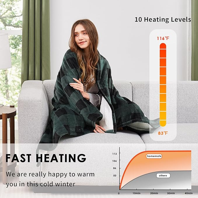HomeMate Electric Blanket Heated Full Size - 72“x84“ Ultra Soft Cozy Flannel Heating Blanket with 10 Fast Heat Levels 8 Hours Auto Off Over-Heated Protection ETL Certification Keep Warm in Home Office