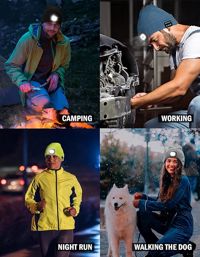 Wmcaps Bluetooth Beanie with a Light, Unisex USB Rechargeable 4 LED Fashlight Hat with Cordless Headphones, Unique Christmas Birthday Gifts for Men Him Husband Teen Black