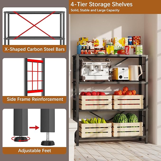 GIOTORENT 4-Wire Heavy-Duty Shelf, Standing Storage Shelves, Metal Shelving Unit Pantry Rack, 1200LB Load Capacity, for Garage Kitchen Organizer (Black)