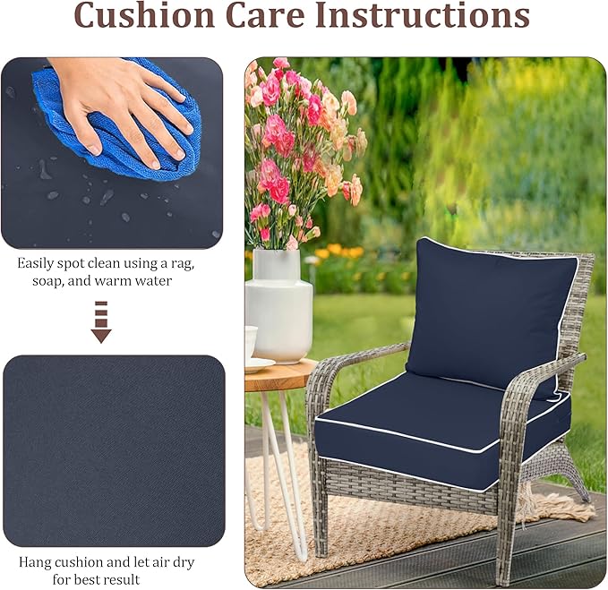 Waterproof Outdoor Chair Cushion Set of 4, 19x19x4 IN Deep Seat Patio Cushions with Fade Resistant Removable Cover,Outdoor Cushions for Patio Furniture with Ties&Handle for Chair Sofa Couch,Navy+Pipes