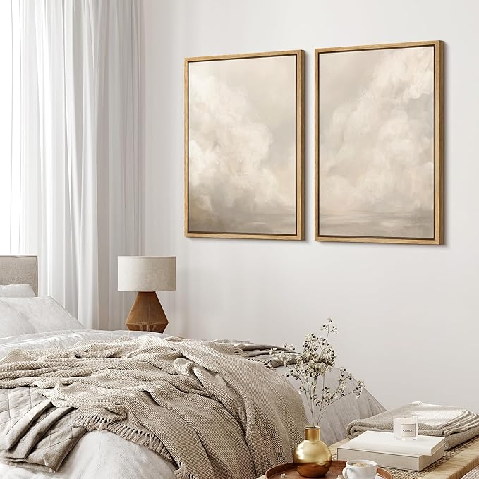 MUDECOR Framed Canvas Print Wall Art Neutral Cloudscape Soft Abstract Sky Illustrations Modern Art Decorative Bohemian Colorful Chic for Living Room, Bedroom, Office - 24"x36"x2 Natural