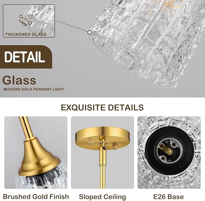 Brushed Gold Pendant Lights Kitchen Island 2 Pack, Glass Pendant Light Fixtures with Hammered Glass and Rods, Modern Farmhouse Brass Hanging Light for Kitchen Sink Dining Room Bedroom, E26