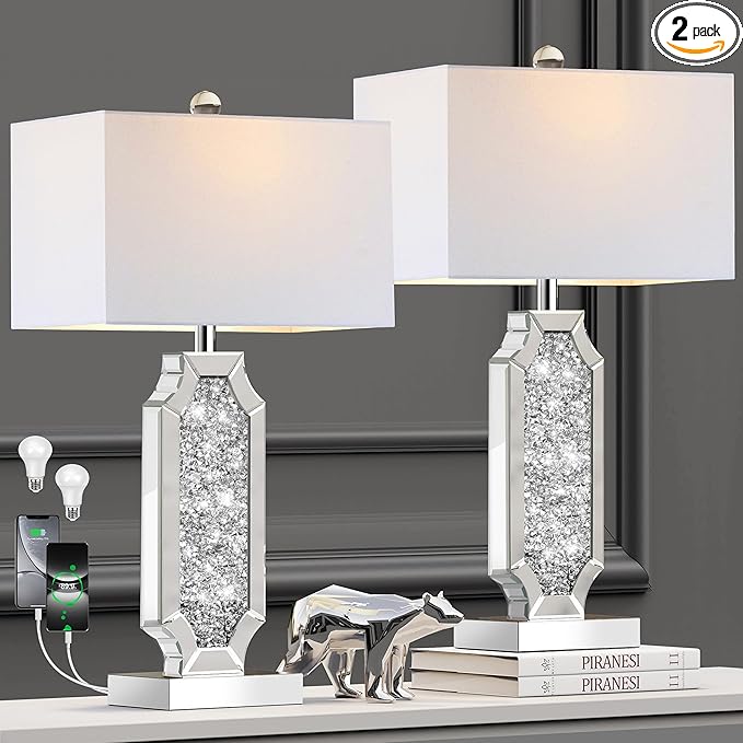 3-Way Dimmable Touch Diamond Crushed Mirrored Bedside Table Lamps Set of 2 for Living Room with USB A+C Ports,Tall Silver Modern Bling Nightstands Lamps for Bedroom with 2 Bulbs