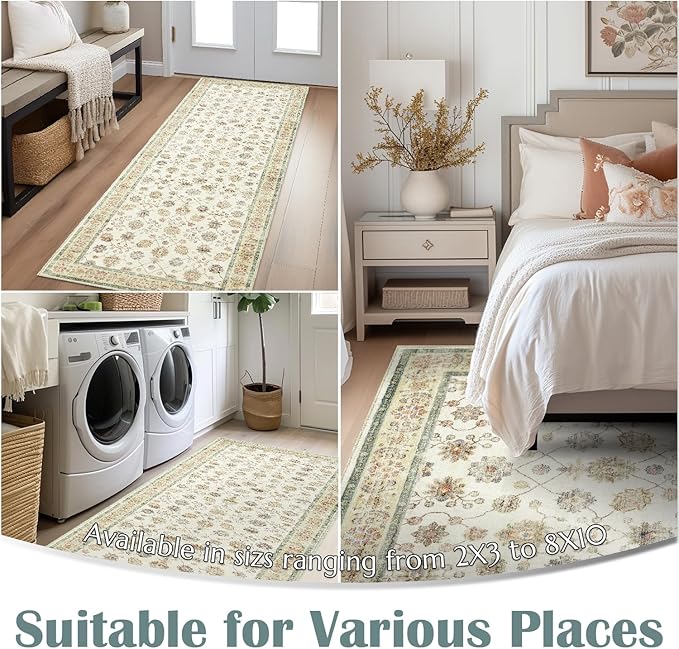 jinchan Area Rug 2x3 Washable Vintage Floral Rug Indoor Entryway Non-Slip Door Mats Soft Carpet for Living Room Bedroom Bathroom Home Office Cream