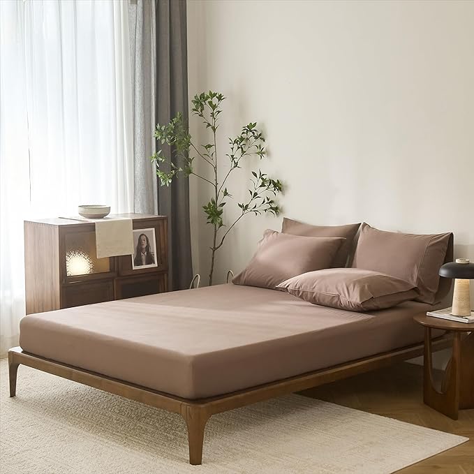 100% Cotton 6-Piece Queen Size 102" x 90" Bedding Set - Fitted Sheet, Flat Sheet & 4 Pillowcases with 17" Deep Pocket,Soft Breathable Bed Sheets for Cozy Sleep,Light Brown