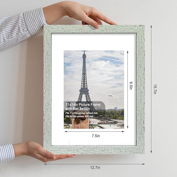 11x14 Picture Frame Set of 2, Made of Real Glass Sage Green Wooden Frame, Display 8x10 Pictures with Mat or 11 x 14 Posters without Mat for Wall Mounting, Gallery Photo Frames