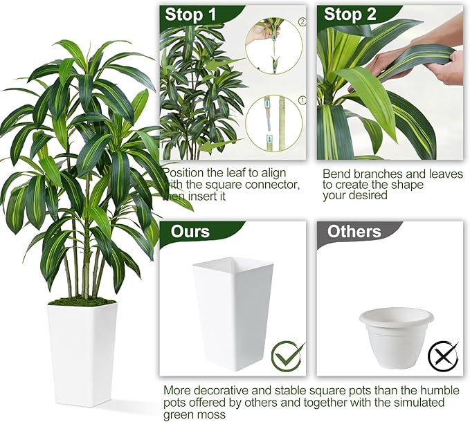 Dracaena Plant Artificial Tree 5Ft Tall Fake Tropical Floor Plants Potted Artificial Silk Tree Leaf Faux Trees White Tall Planter for Home Office Living Room Indoor Outdoor Decor